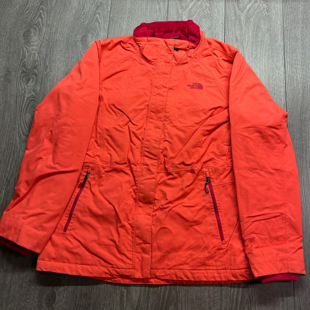 The North Face HyVent Fleece Lined Jacket Women XL Orange Coral Hooded Coat